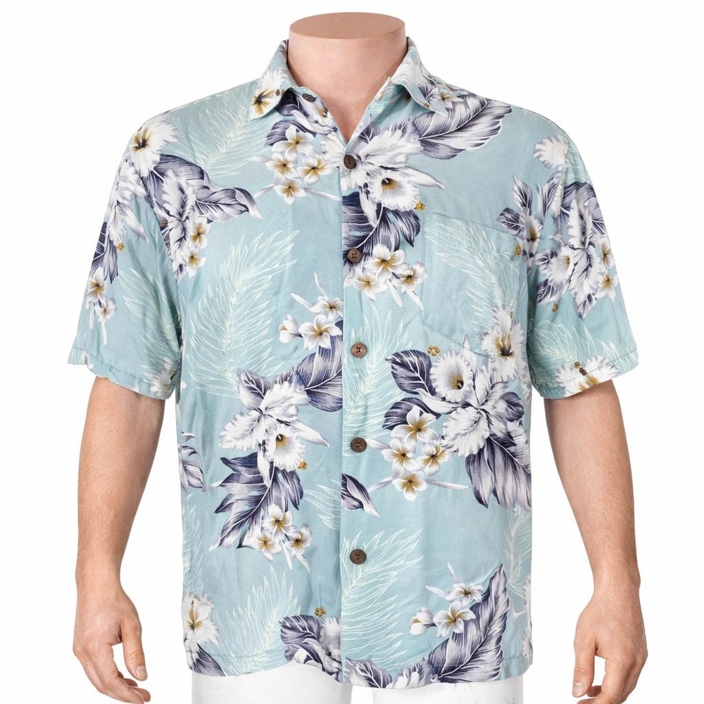 Hula Hula Hawaiian Aloha Shirt Medium Tropical Flowers Pale Green Rayon